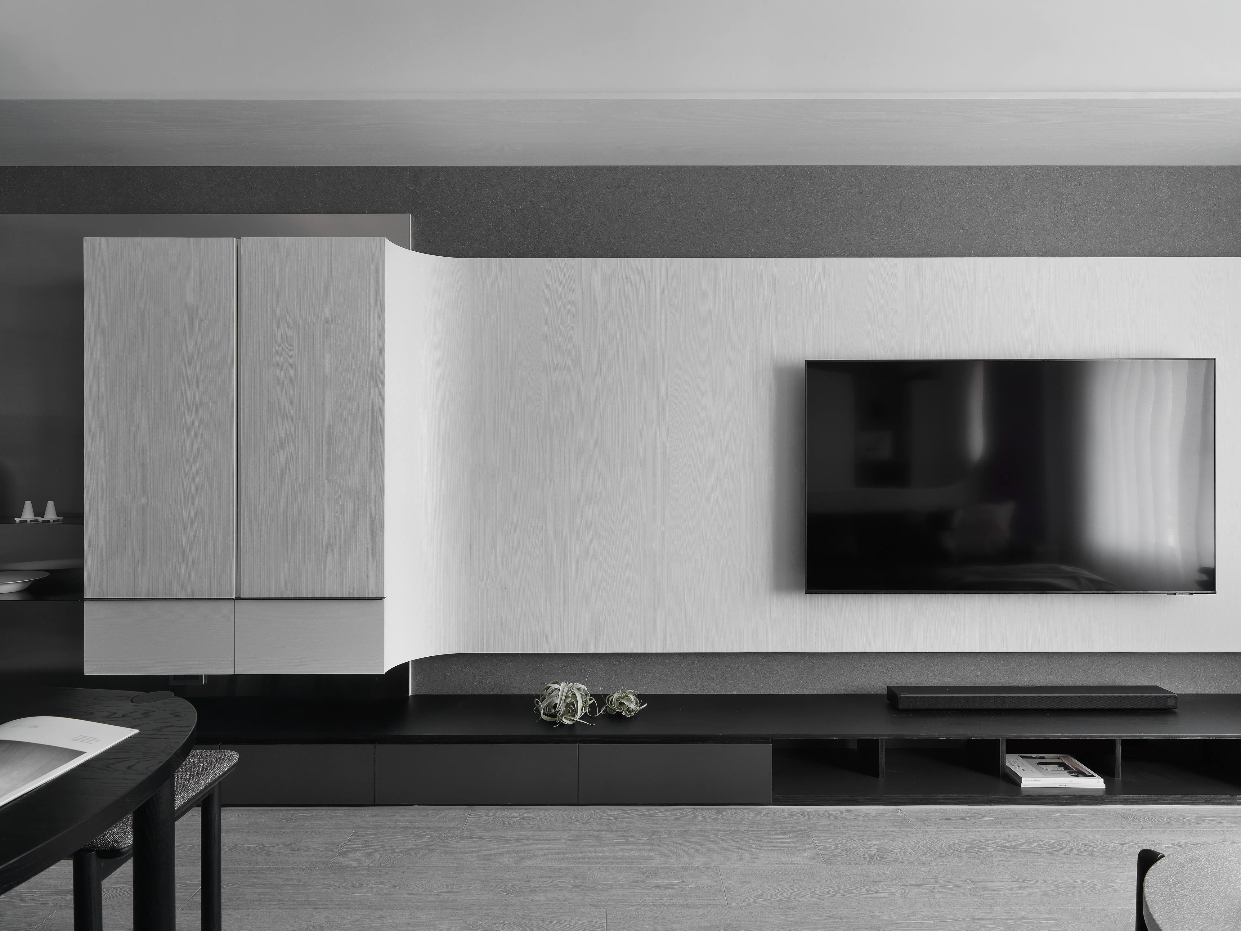 Living room media wall, completed interior